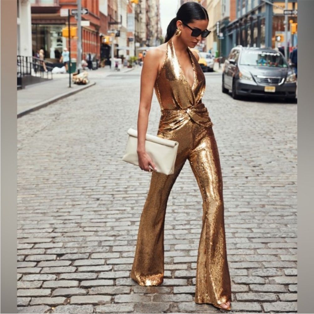 NADINE MERABI Gold Sequin Halter Jumpsuit